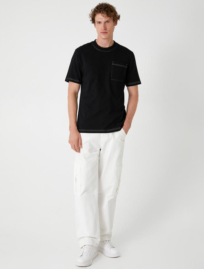  Kısa Kollu Tişört Bisiklet Yaka Dikiş Detaylı Cepli Pamuklu