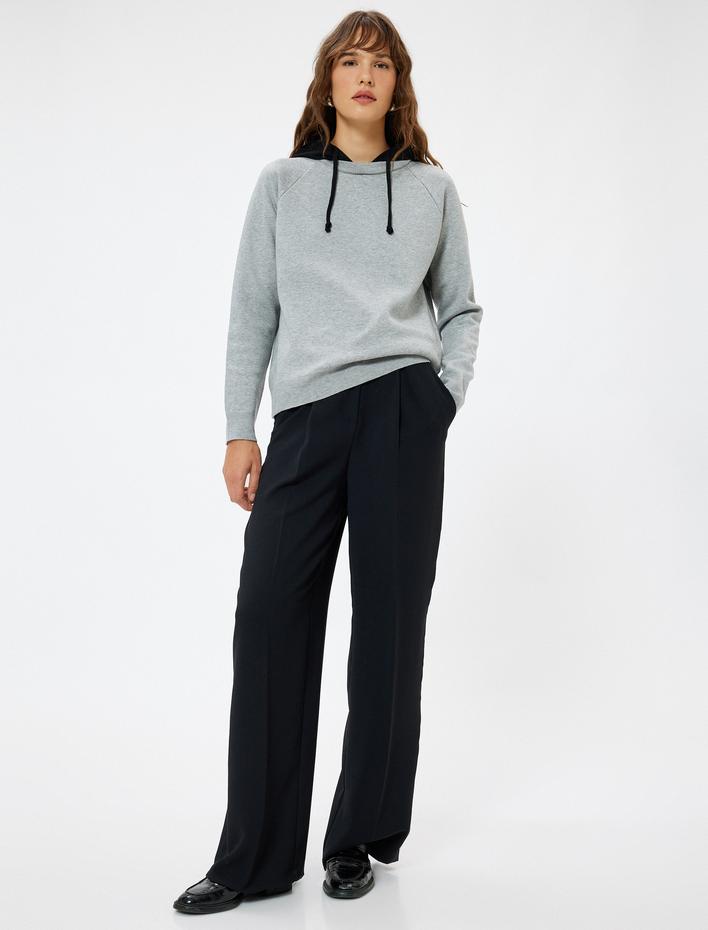  Kapşonlu Triko Sweatshirt Kazak Renk Kontrastlı