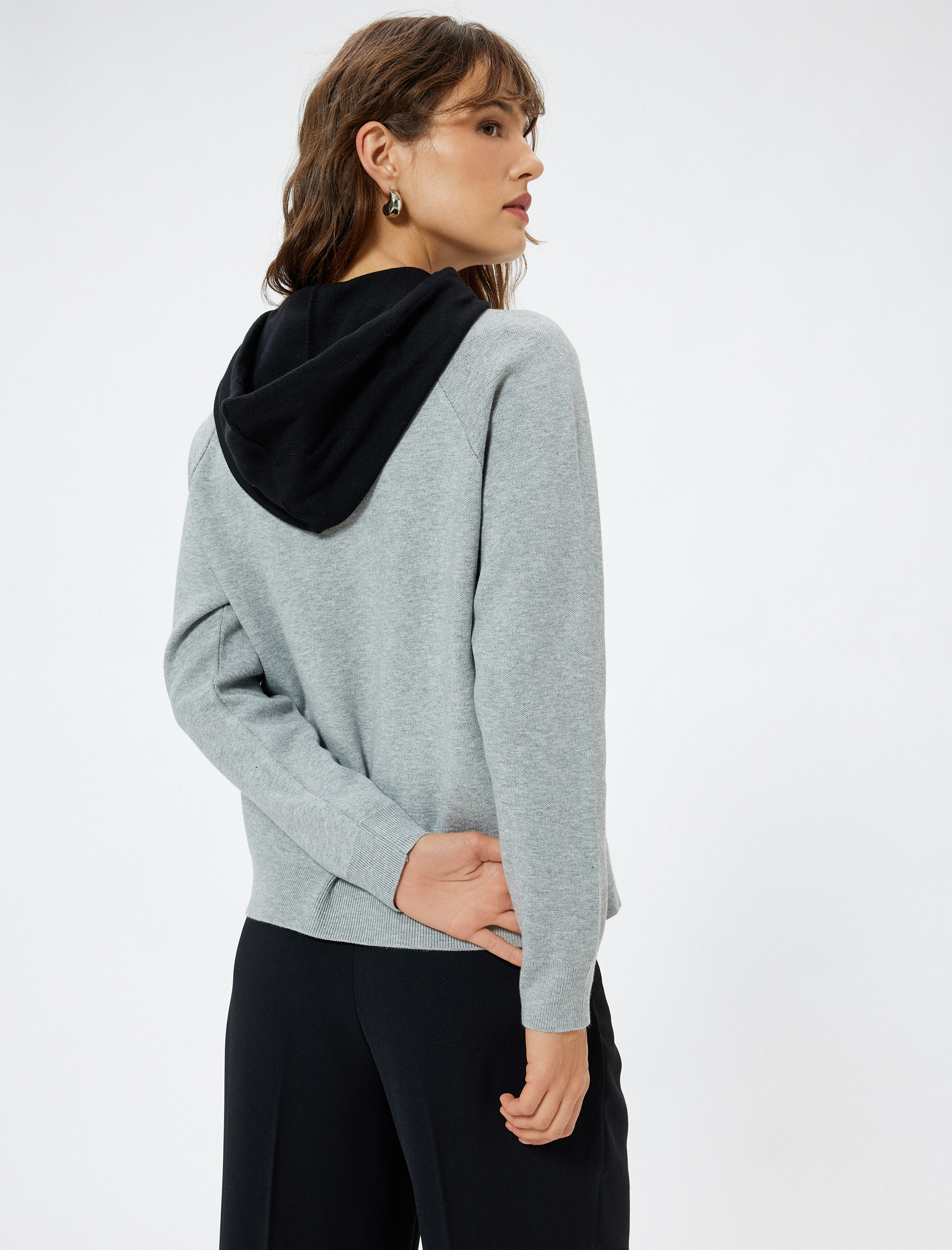   Kapşonlu Triko Sweatshirt Kazak Renk Kontrastlı