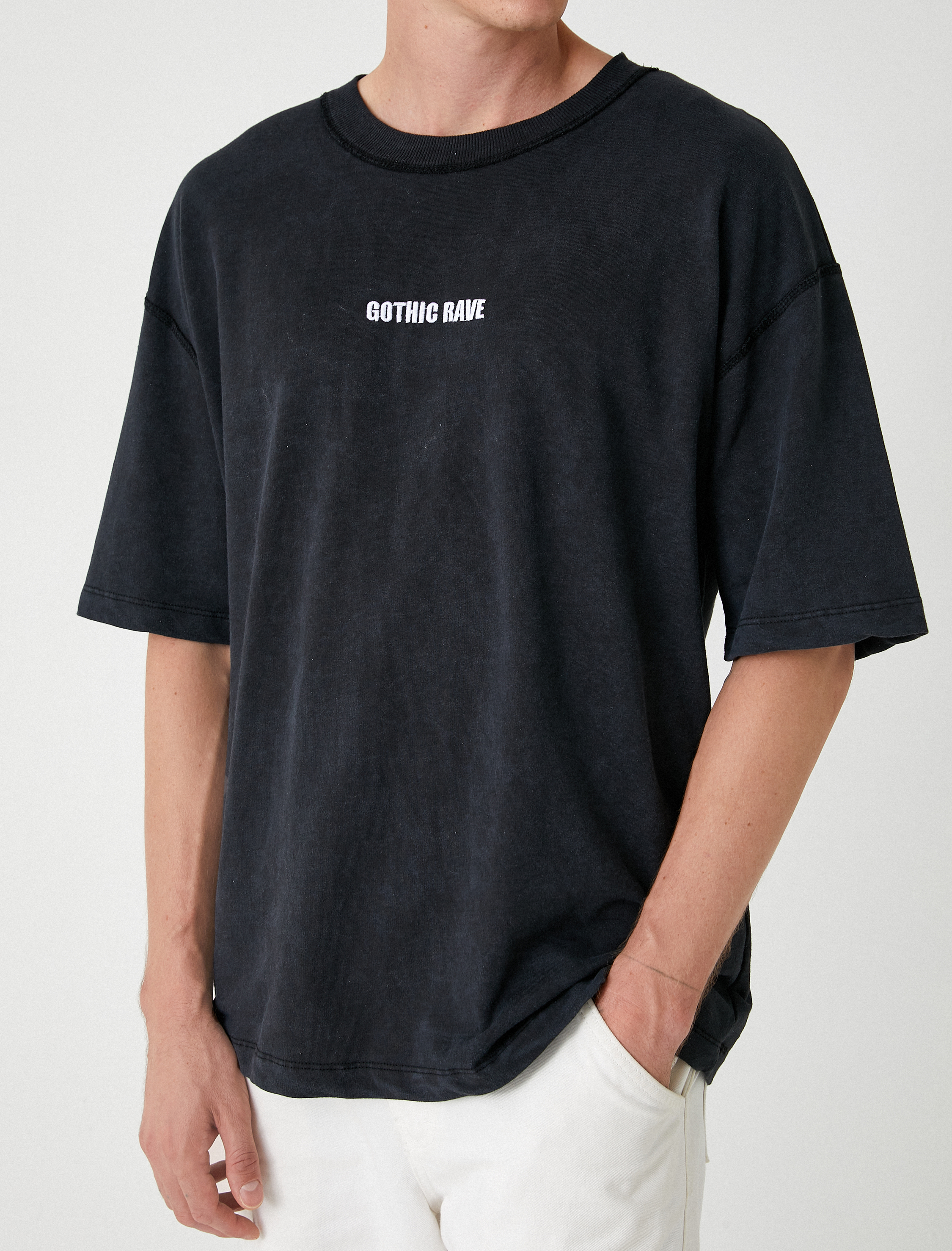   Slogan İşlemeli Pamuklu Kısa Kollu Bisiklet Yaka Oversize Tişört