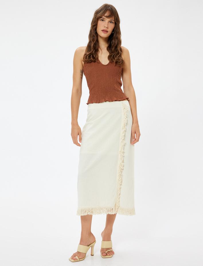  Keten Karışımlı Midi Boy Etek Kruvaze Püsküllü Astarlı