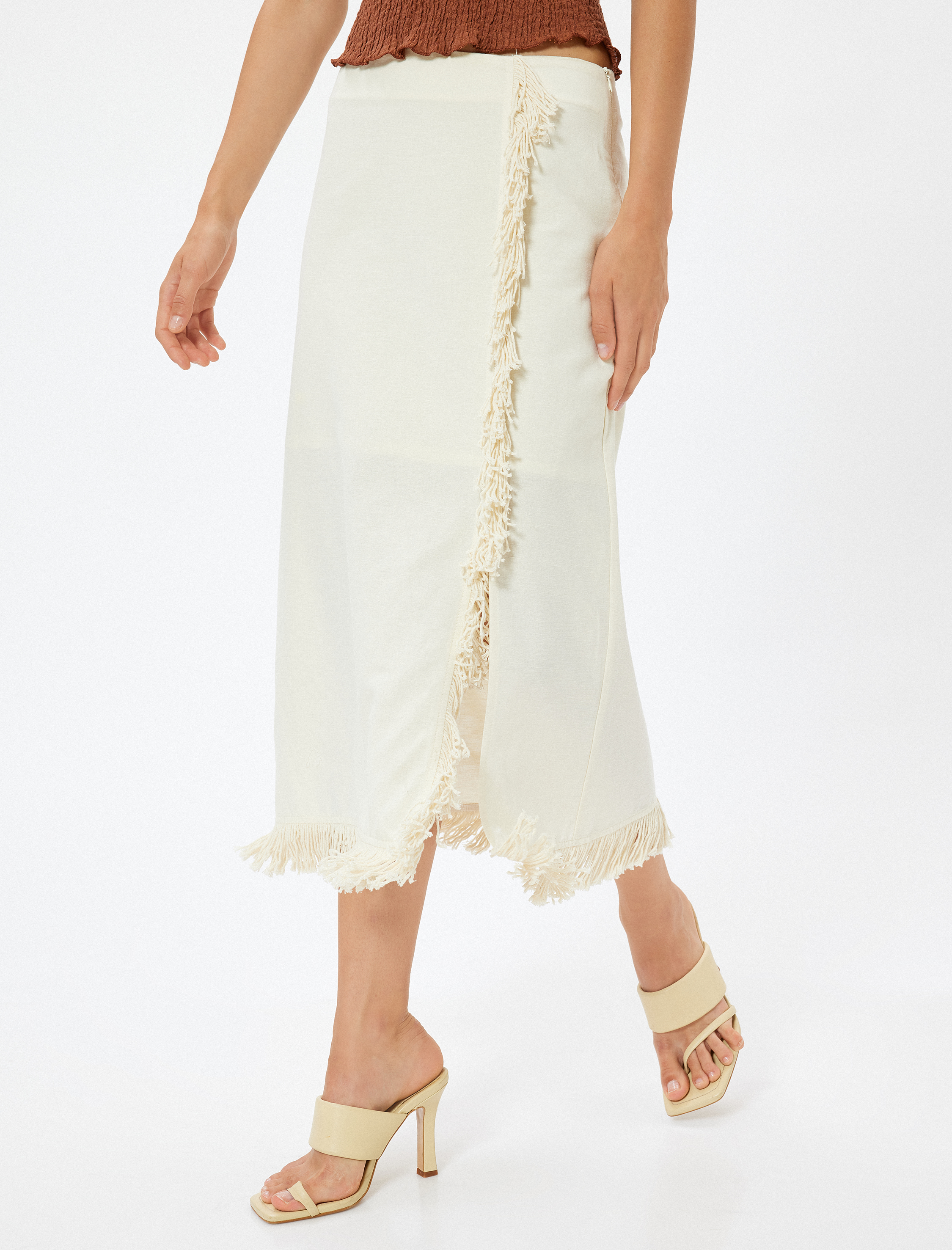   Keten Karışımlı Midi Boy Etek Kruvaze Püsküllü Astarlı