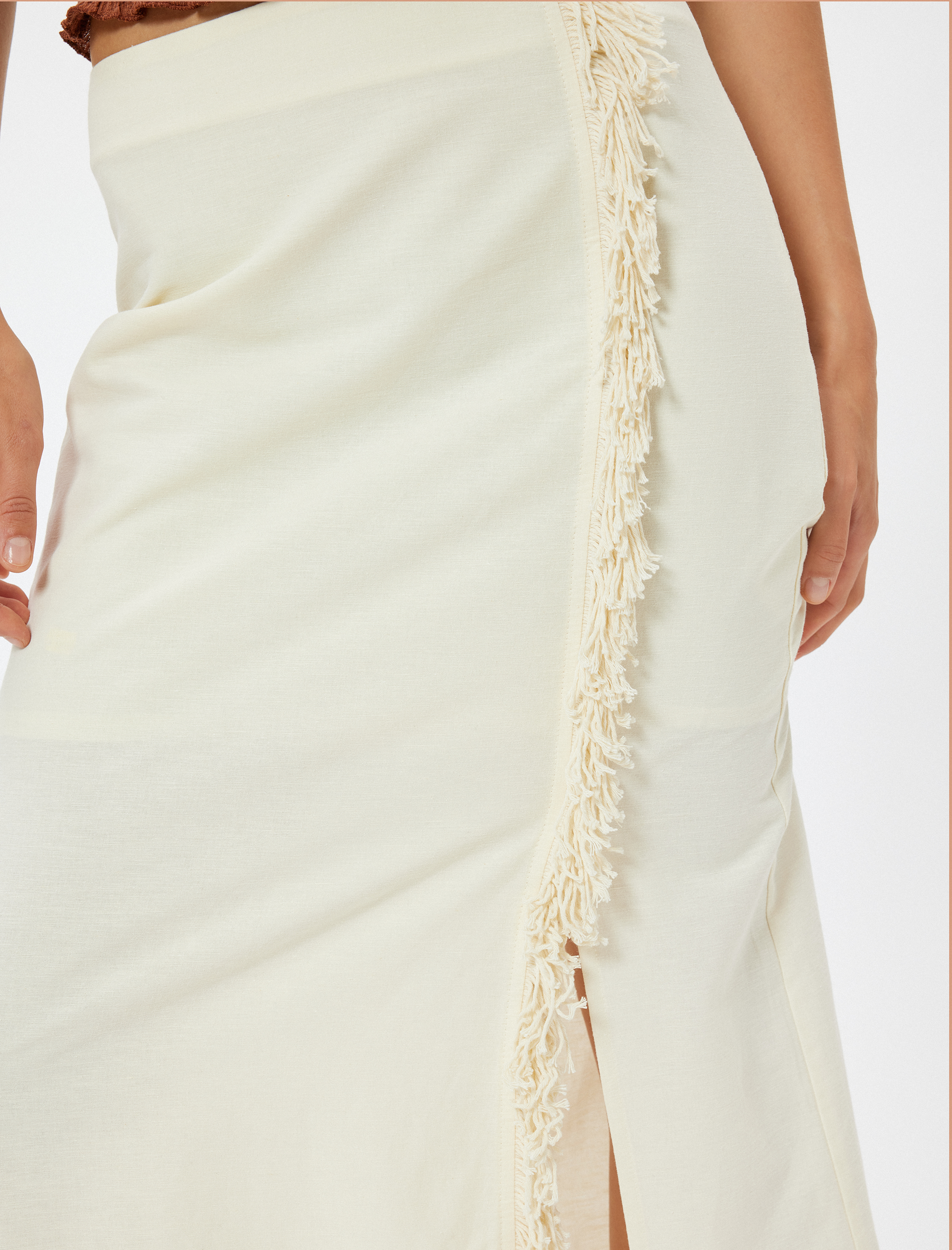   Keten Karışımlı Midi Boy Etek Kruvaze Püsküllü Astarlı