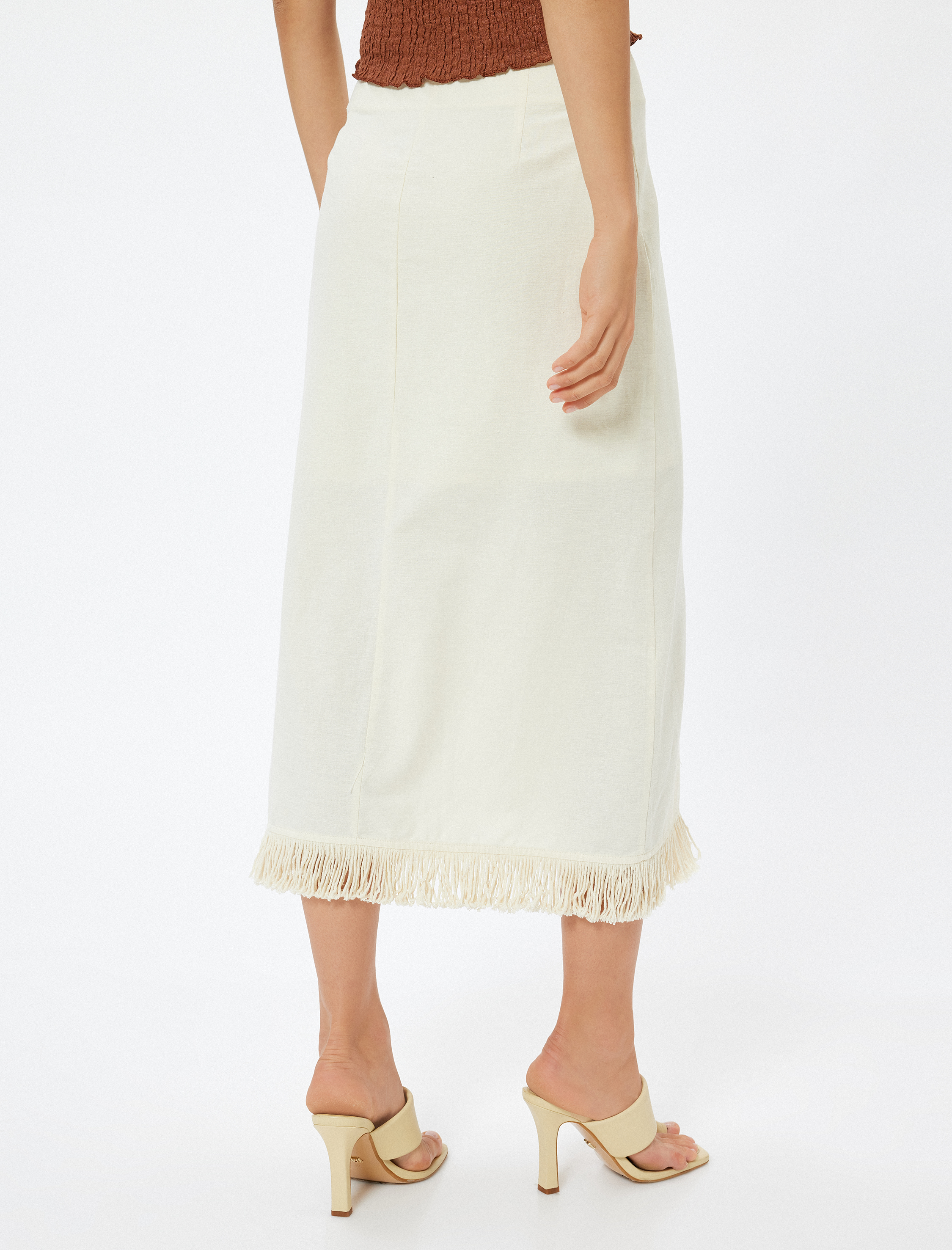   Keten Karışımlı Midi Boy Etek Kruvaze Püsküllü Astarlı
