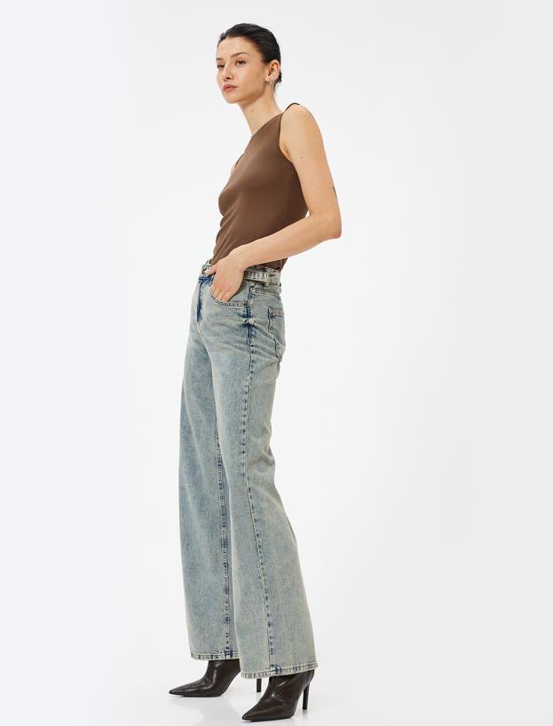 Standart Bel Kot Pantolon Geniş Paça Düğmeli Cepli Pamuklu - Wide Leg Jeans_1