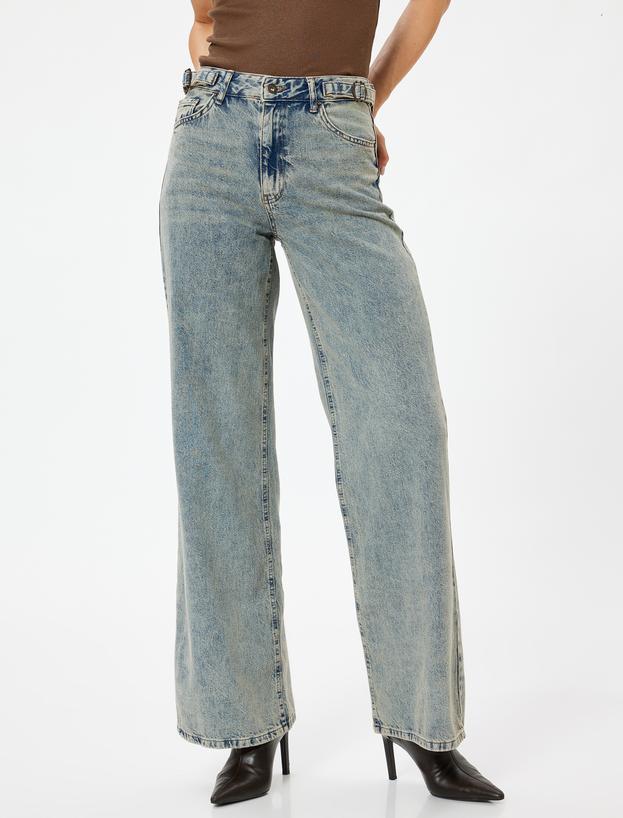 Standart Bel Kot Pantolon Geniş Paça Düğmeli Cepli Pamuklu - Wide Leg Jeans_2