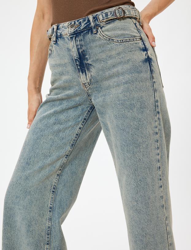 Standart Bel Kot Pantolon Geniş Paça Düğmeli Cepli Pamuklu - Wide Leg Jeans_4