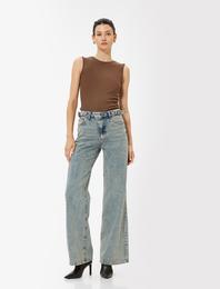 Standart Bel Kot Pantolon Geniş Paça Düğmeli Cepli Pamuklu - Wide Leg Jeans