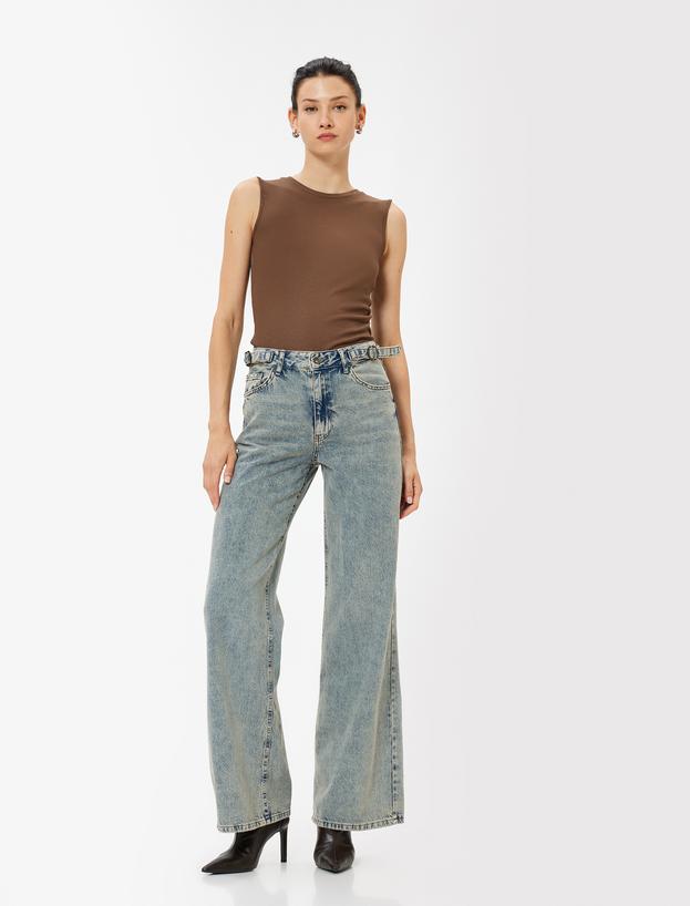 Standart Bel Kot Pantolon Geniş Paça Düğmeli Cepli Pamuklu - Wide Leg Jeans_0