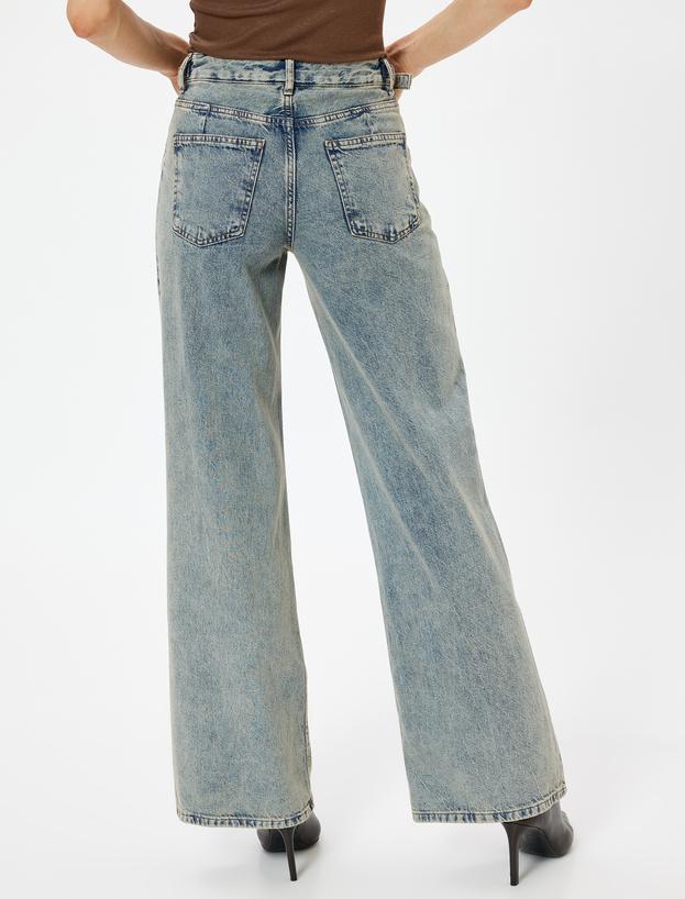 Standart Bel Kot Pantolon Geniş Paça Düğmeli Cepli Pamuklu - Wide Leg Jeans_3