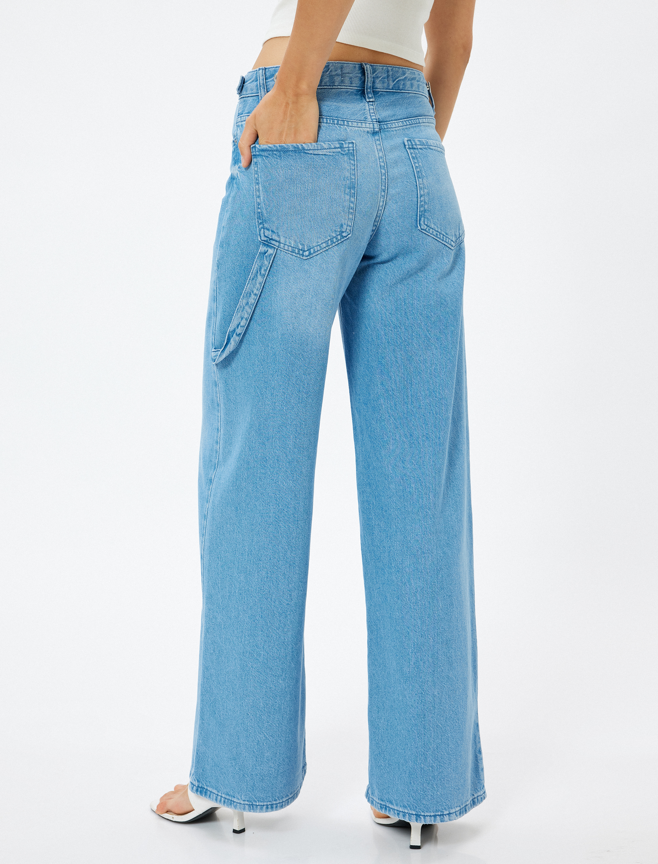   Düşük Bel Kot Pantolon Cep Detaylı Rahat Kalıp - Loose Straight Fit Jeans