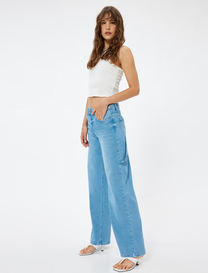  Düşük Bel Kot Pantolon Cep Detaylı Rahat Kalıp - Loose Straight Fit Jeans