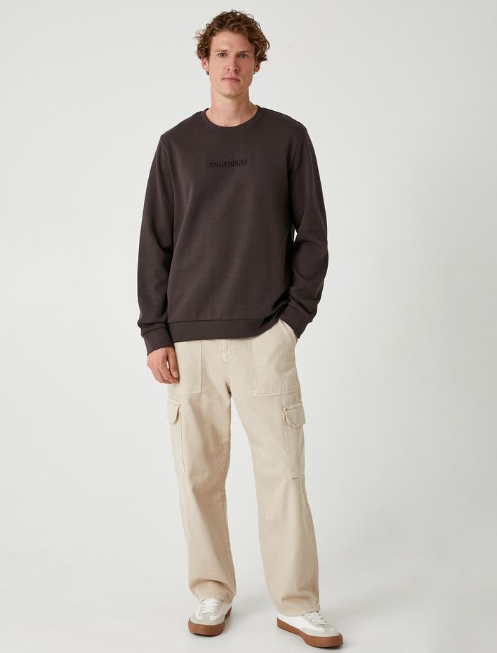  Bisiklet Yaka Sweatshirt Slogan Baskılı Basic Uzun Kollu Pamuklu İnterlok Kumaş