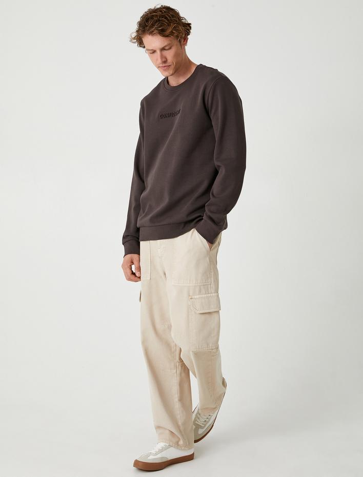  Bisiklet Yaka Sweatshirt Slogan Baskılı Basic Uzun Kollu Pamuklu İnterlok Kumaş