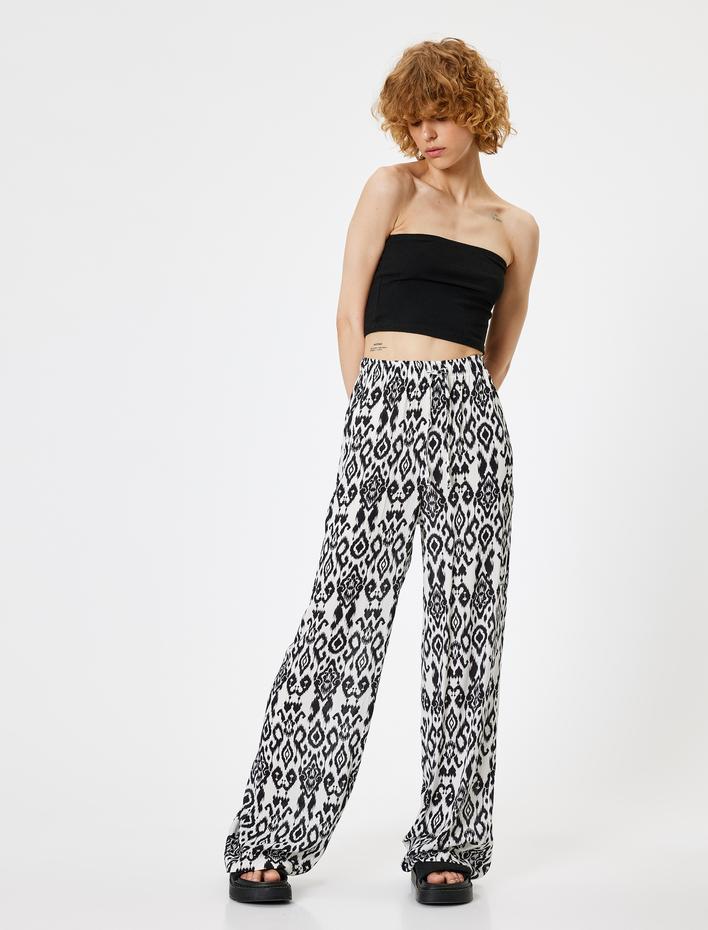  Yazlık Pantolon Beli Bağcıklı Düz Paça Etnik Desenli Standart Bel