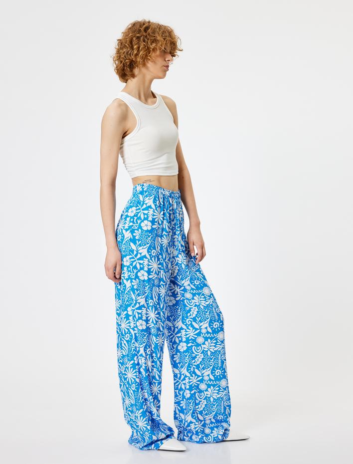  Viskon Pantolon Beli Bağcıklı Geniş Uzun Paça Etnik Baskılı