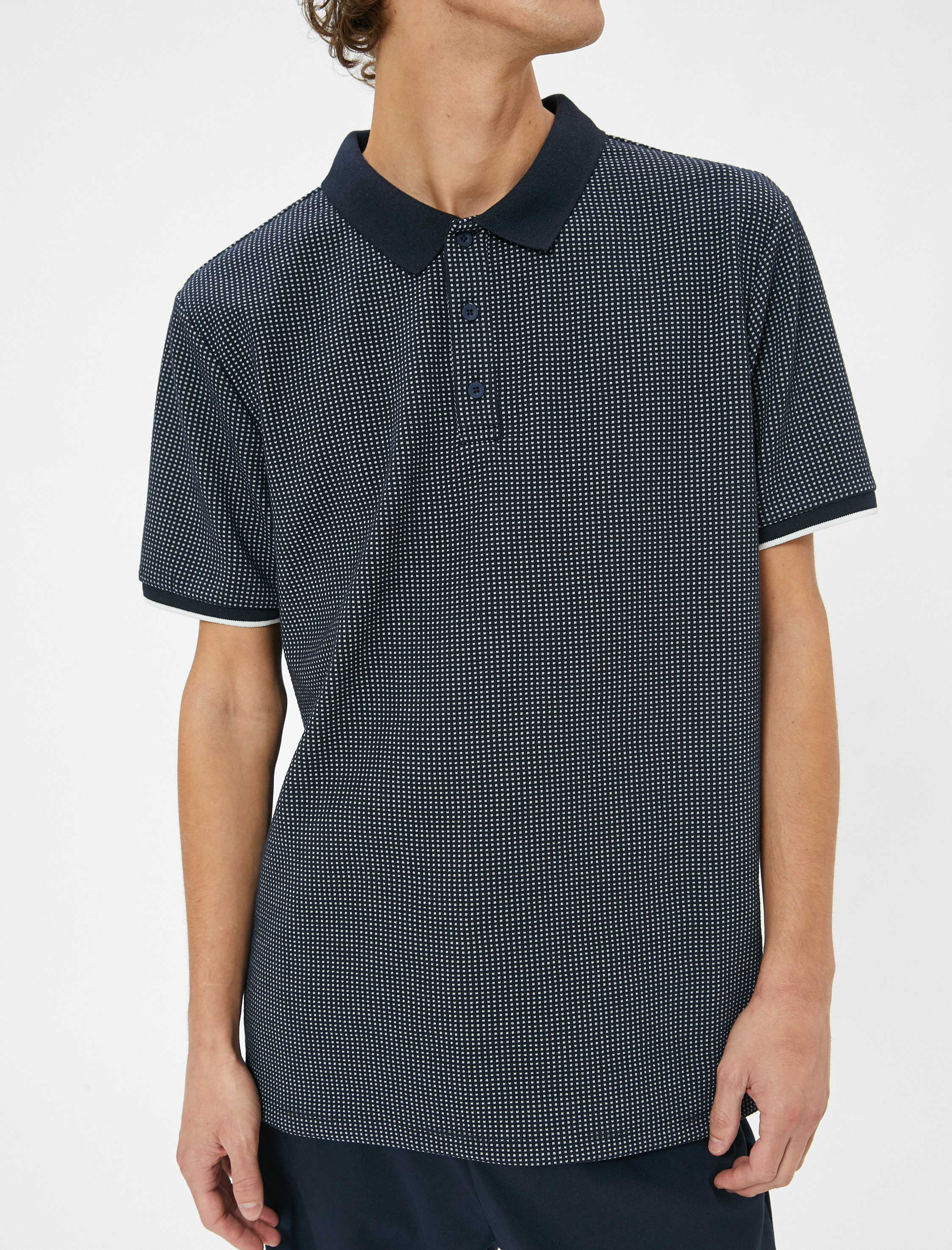   Yakalı Tişört Düğmeli Dokulu Kısa Kollu Biyeli