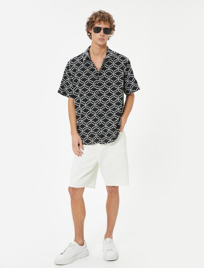  Kısa Kollu Gömlek Geometrik İşlemeli Pamuklu Regular Fit