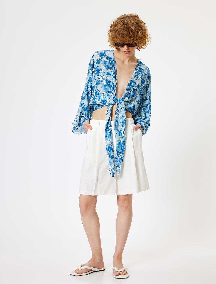  Viskon Kimono Çiçekli Geniş Kollu Bağlama Detaylı