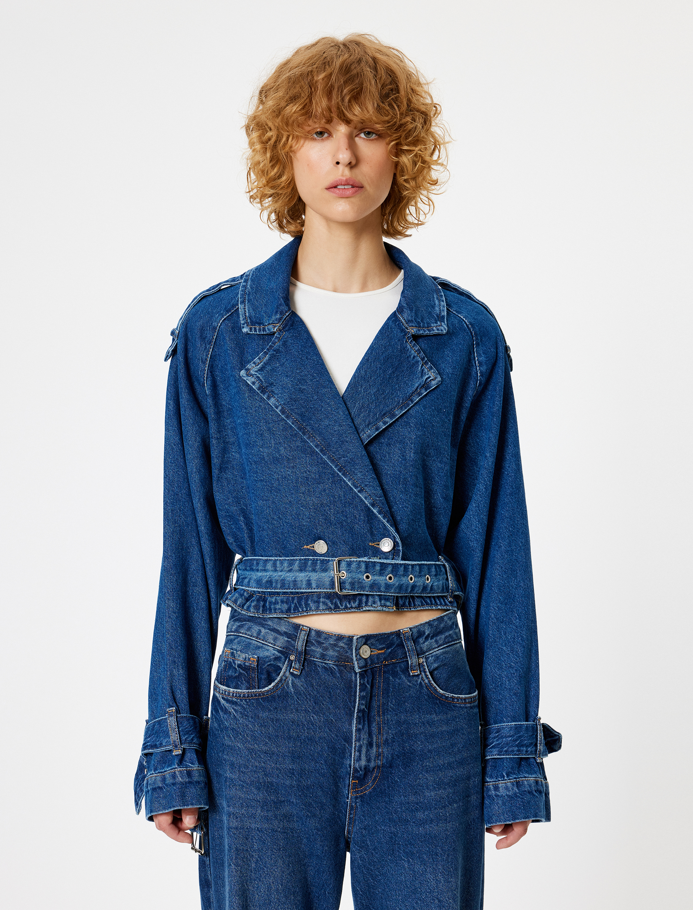   Oversize Kot Ceket Kruvaze Yaka Kemer Detaylı Düğmeli