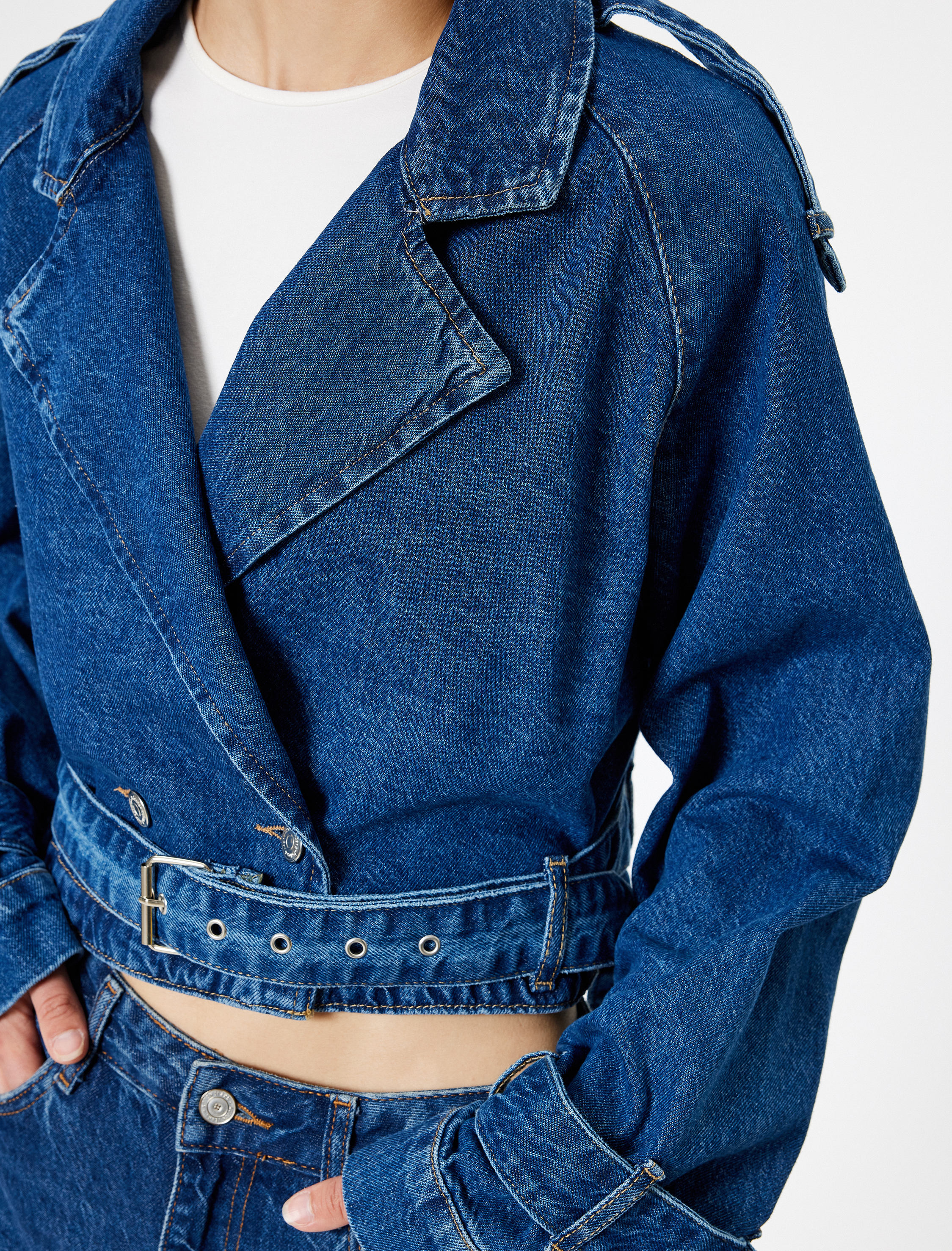   Oversize Kot Ceket Kruvaze Yaka Kemer Detaylı Düğmeli