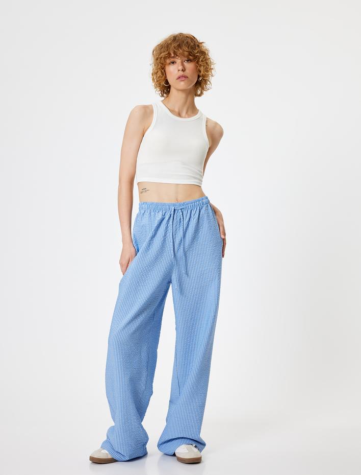  Bol Paça Pantolon Beli Bağcıklı Cepli Şerit Detaylı