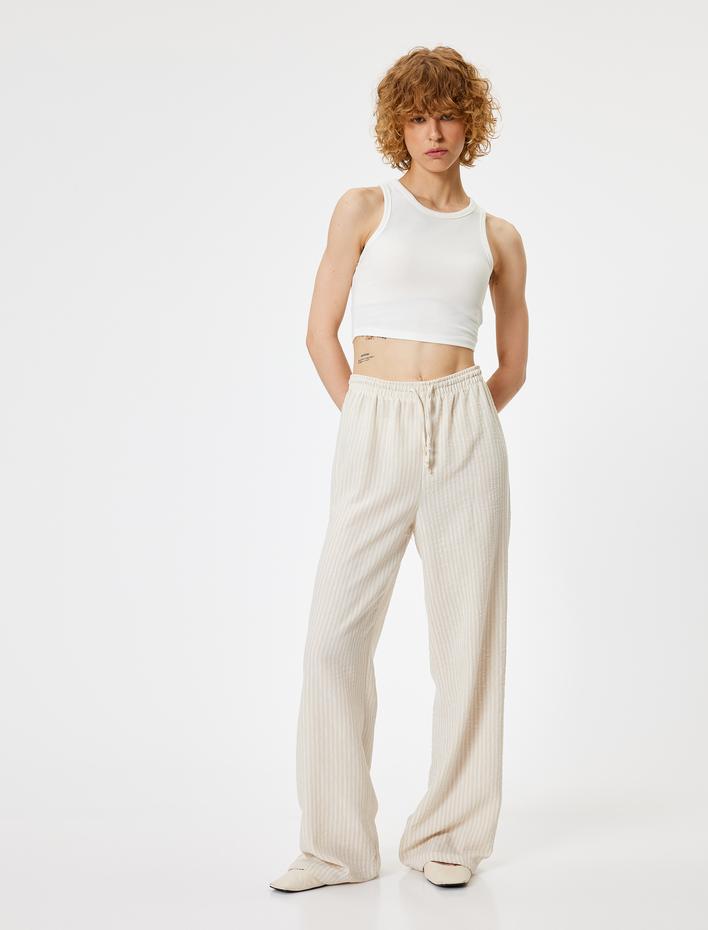  Yazlık Pantolon Bol Paça Beli Bağcıklı Standart Bel