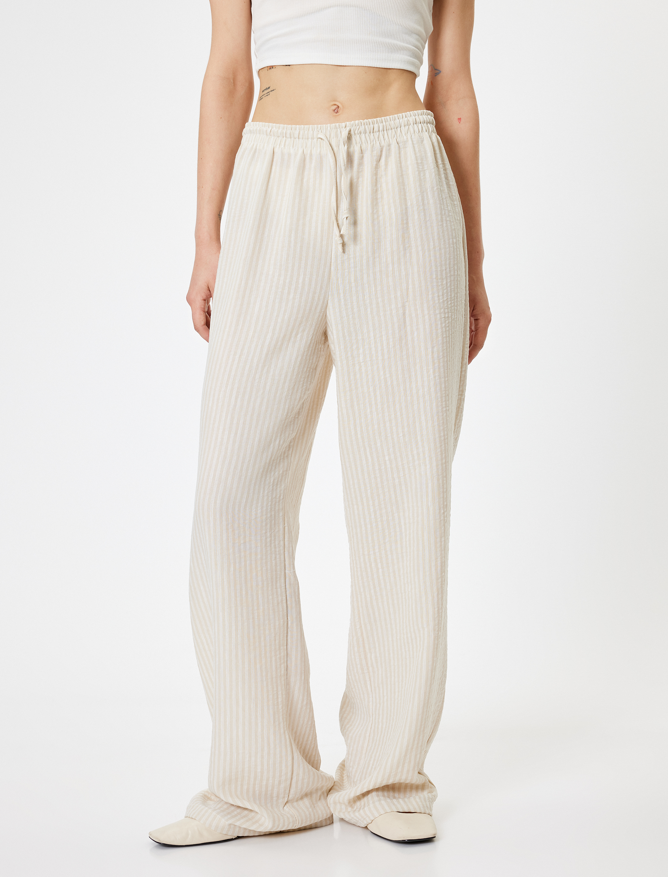   Yazlık Pantolon Bol Paça Beli Bağcıklı Standart Bel