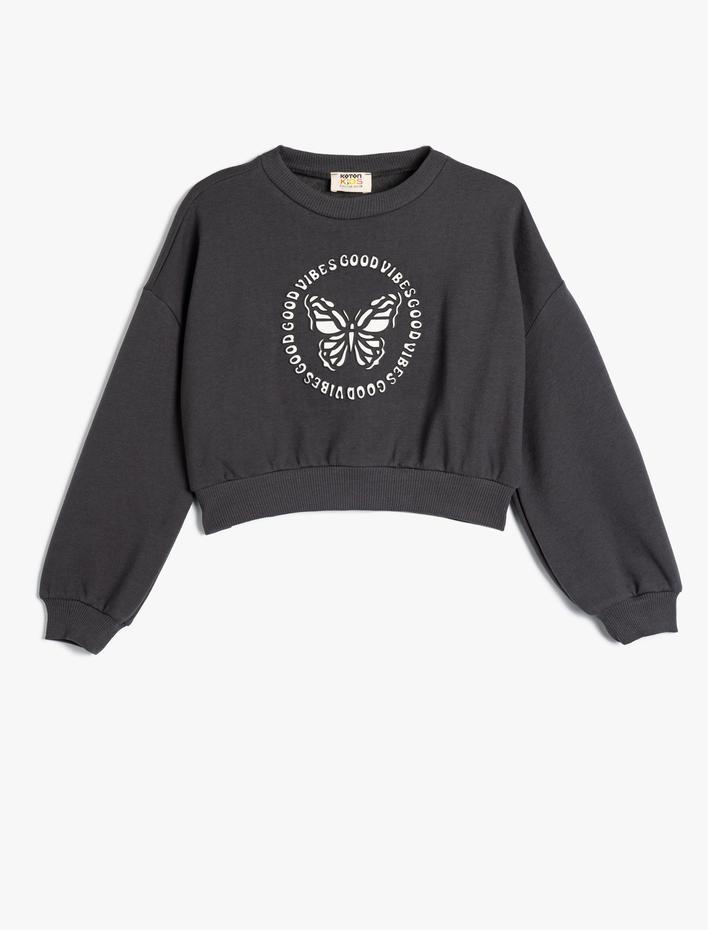 Kız Çocuk Oversize Sweatshirt Kelebek Baskılı Uzun Kollu Bisiklet Yaka Pamuklu Şardonlu