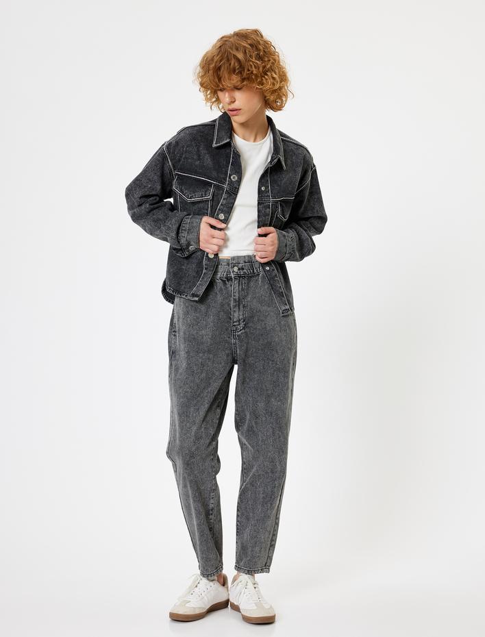  Baggy Kot Pantolon Yüksek Bel Bol Kalıp Beli Lastikli Düz Paça - Baggy Jeans