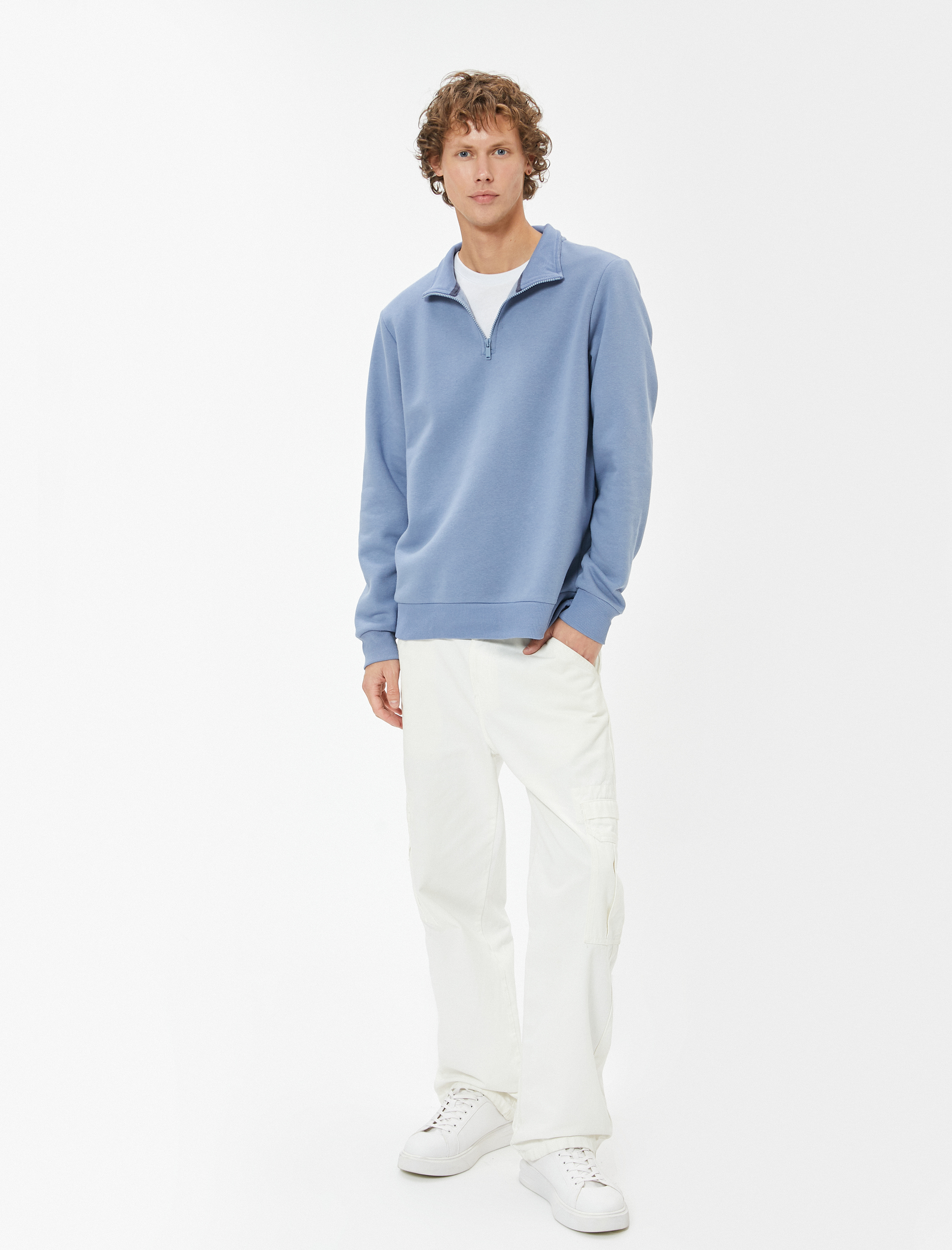   Yarım Fermuarlı Yaka Basic Şardonlu Pamuk Karışımlı Uzun Kollu Sweatshirt