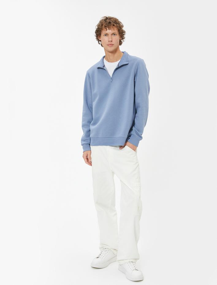  Yarım Fermuarlı Yaka Basic Şardonlu Pamuk Karışımlı Uzun Kollu Sweatshirt