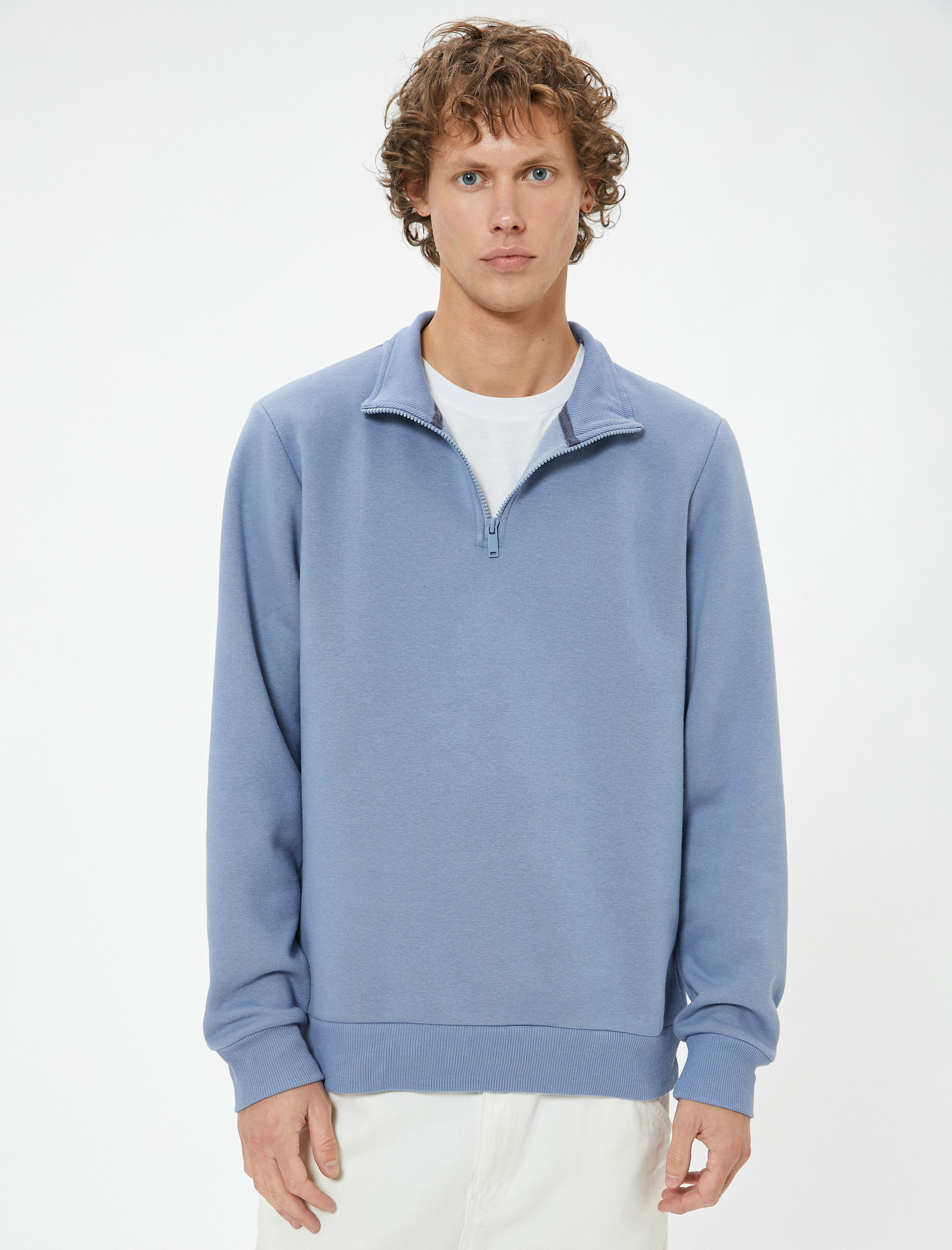   Yarım Fermuarlı Yaka Basic Şardonlu Pamuk Karışımlı Uzun Kollu Sweatshirt