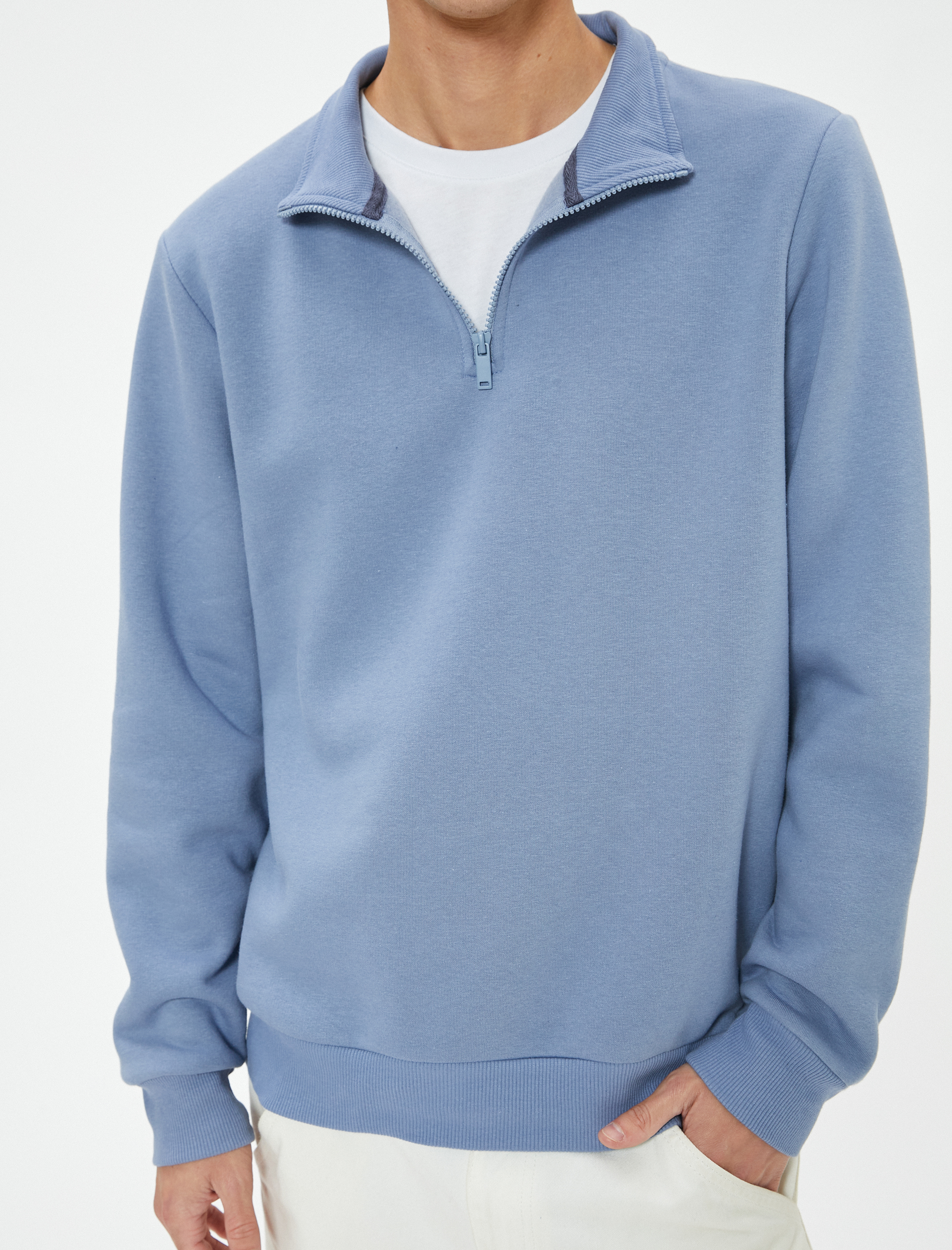   Yarım Fermuarlı Yaka Basic Şardonlu Pamuk Karışımlı Uzun Kollu Sweatshirt