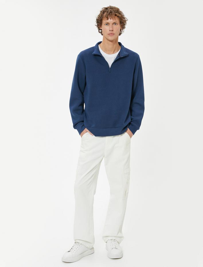  Yarım Fermuarlı Yaka Basic Şardonlu Pamuk Karışımlı Uzun Kollu Sweatshirt