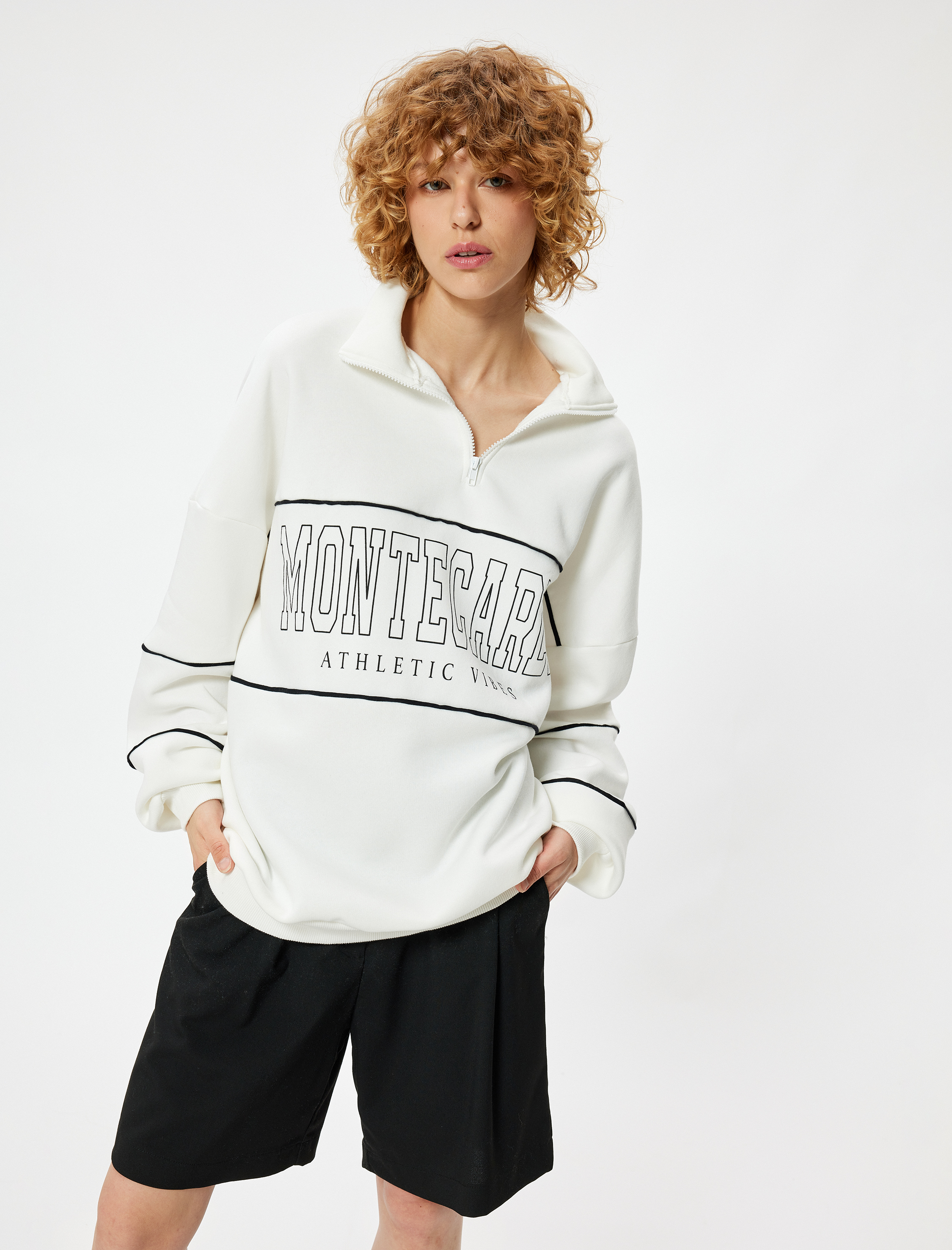   Oversize Sweatshirt Yarım Fermuarlı Kolej Baskılı Şardonlu