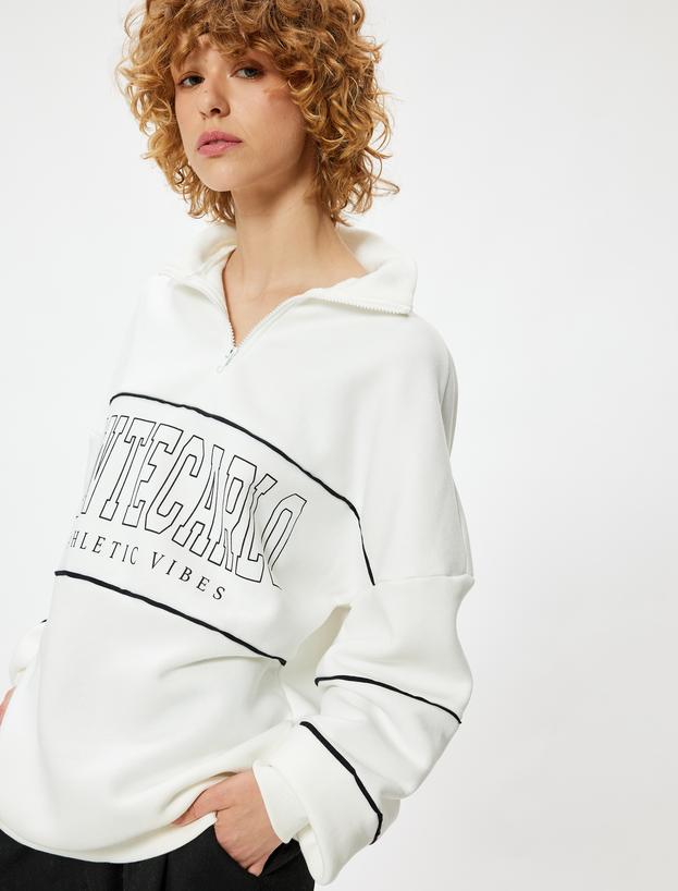 Oversize Sweatshirt Yarım Fermuarlı Kolej Baskılı Şardonlu_0