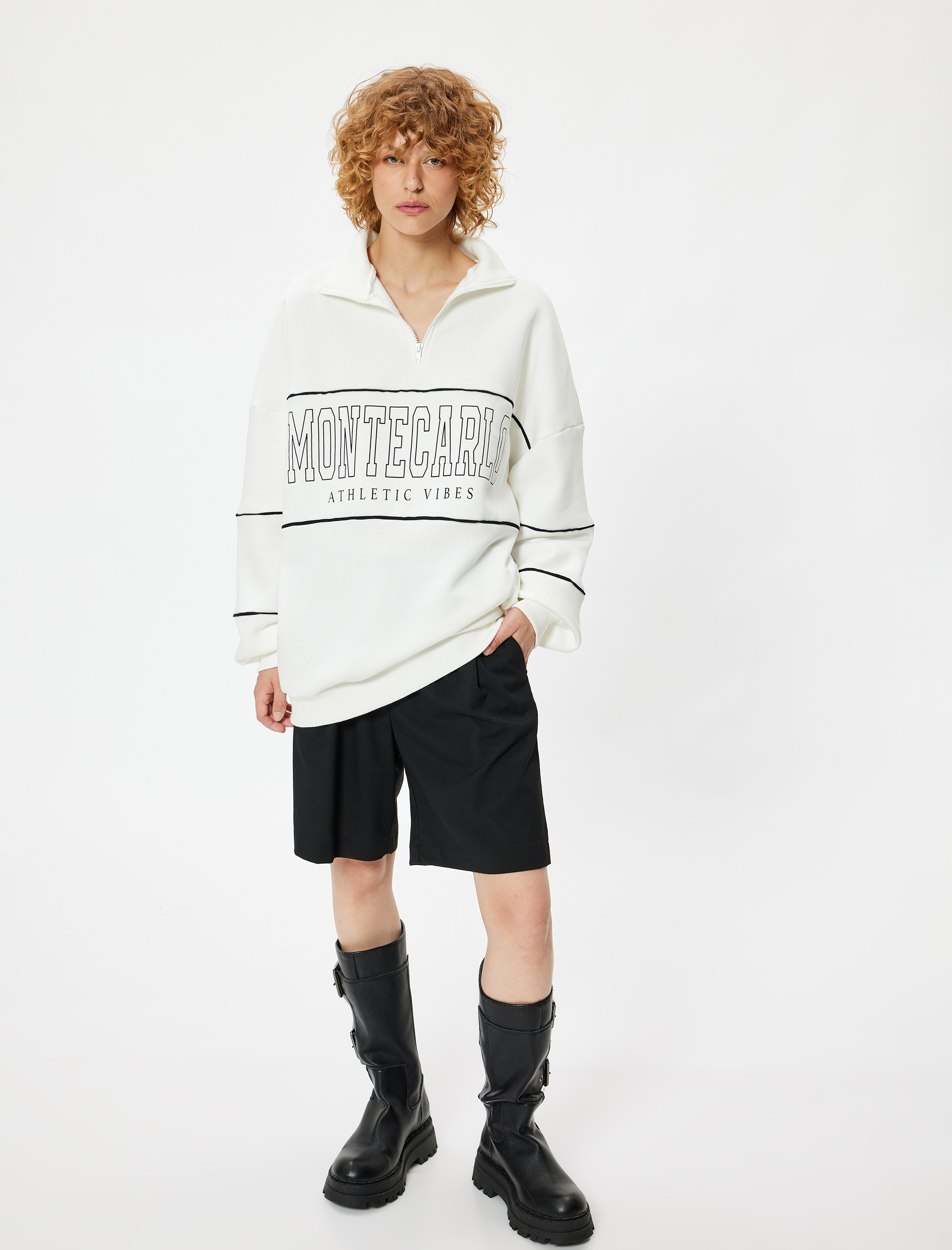   Oversize Sweatshirt Yarım Fermuarlı Kolej Baskılı Şardonlu