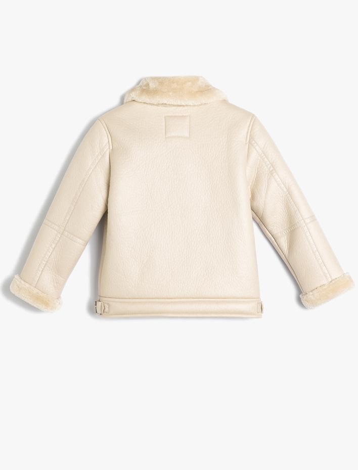 Kız Çocuk Biker Ceket Deri Görünümlü Suni Kürk Yaka Detaylı Fermuarlı