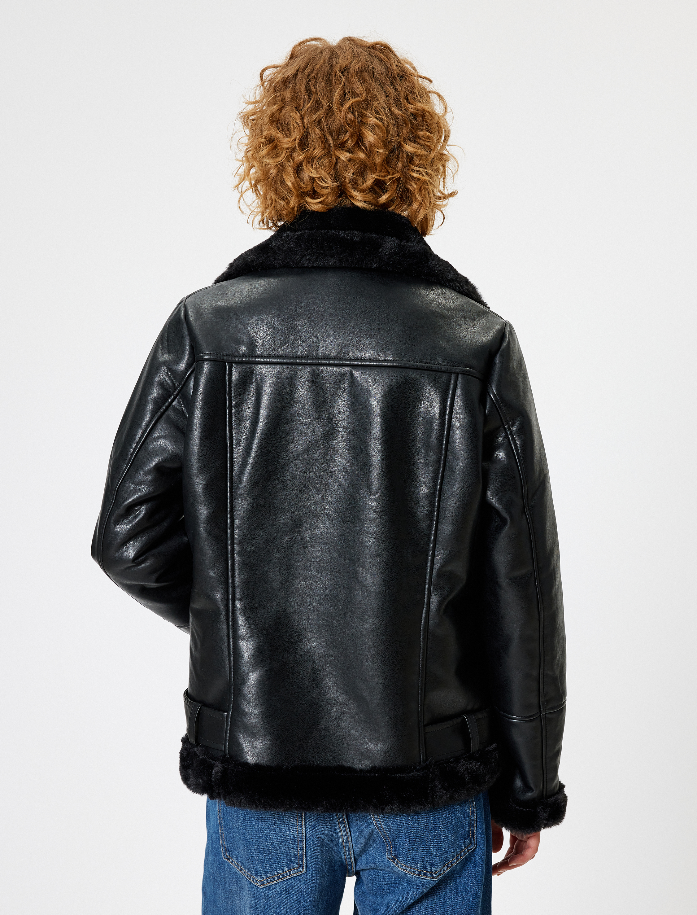 Deri Görünümlü Suni Kürklü Fermuarlı Biker Ceket