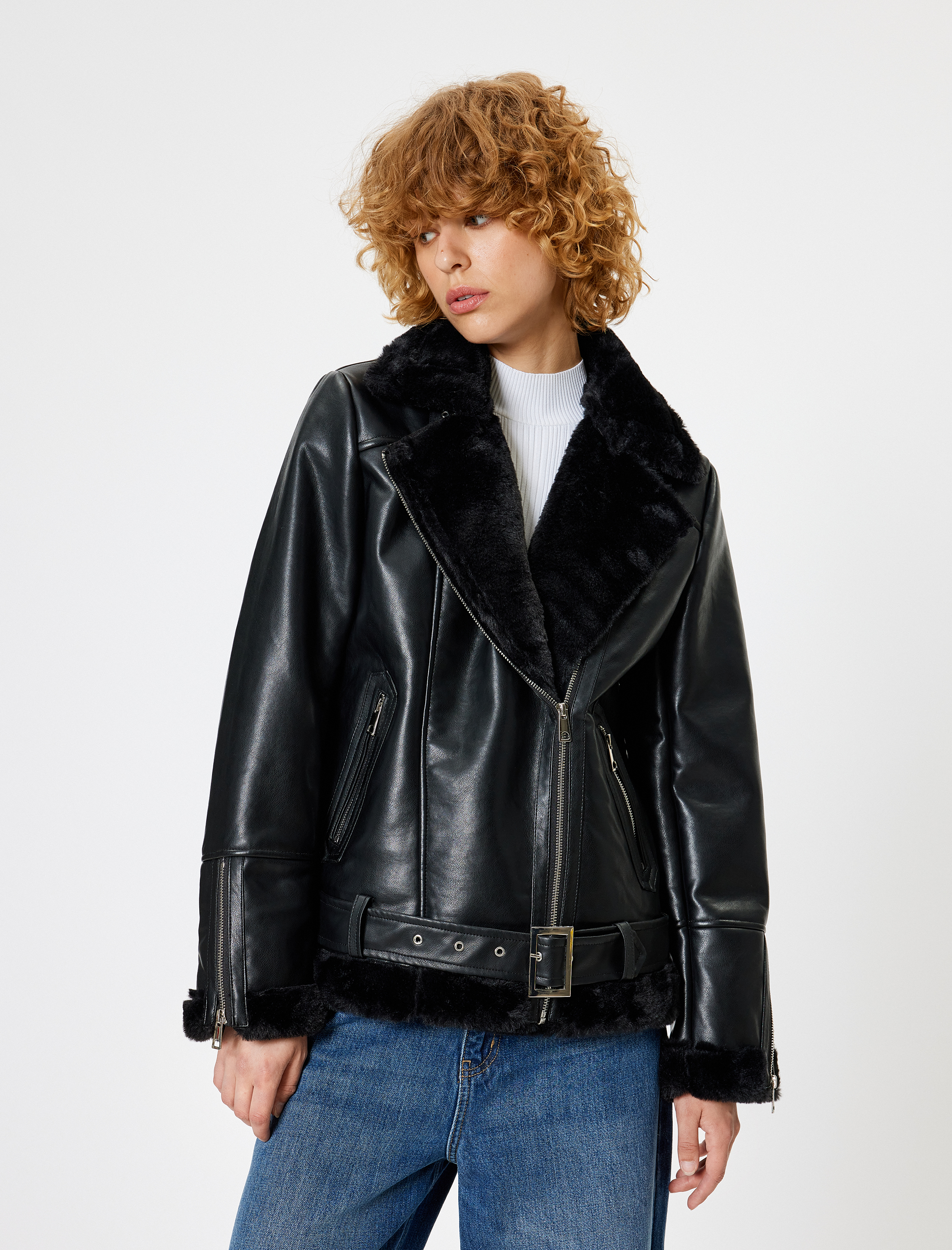 Deri Görünümlü Suni Kürklü Fermuarlı Biker Ceket