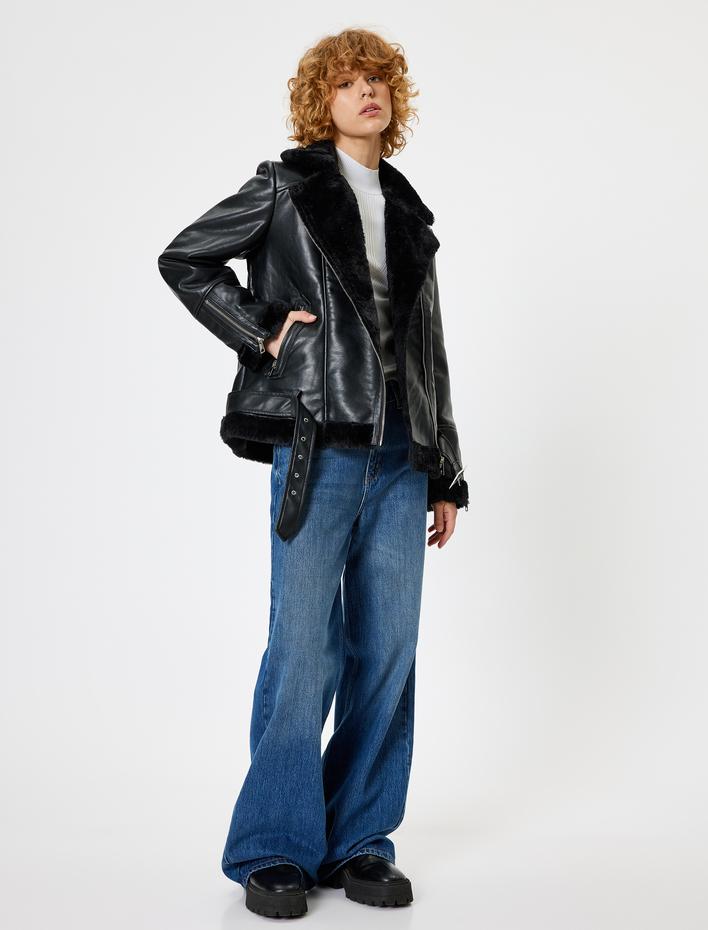  Deri Görünümlü Suni Kürklü Fermuarlı Biker Ceket
