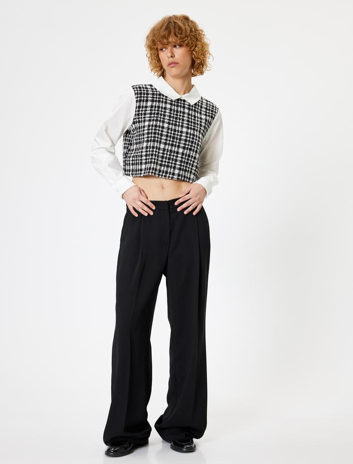  Crop Bluz Gömlek Yaka Tüvit Detaylı Slim Fit