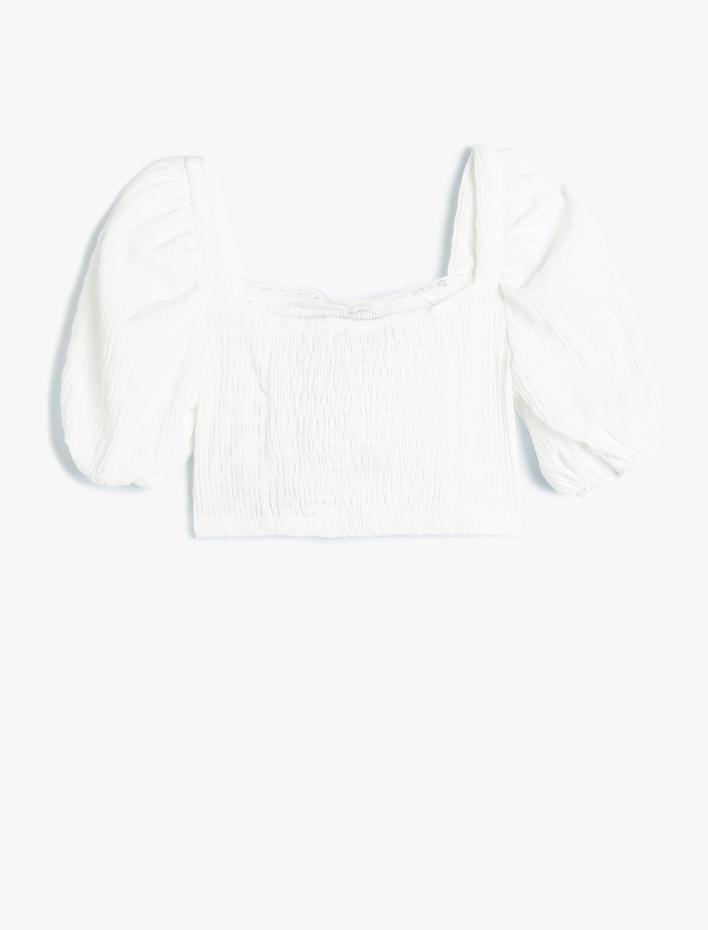 Kız Çocuk Balon Kol Bluz Fiyonk Detaylı Kare Yaka Dokulu