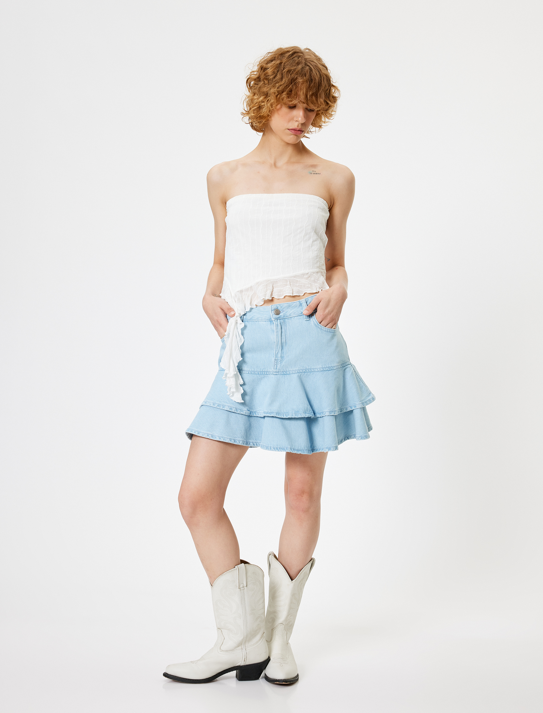   Mini Kot Etek Volanlı Düğmeli Rahat Kalıp