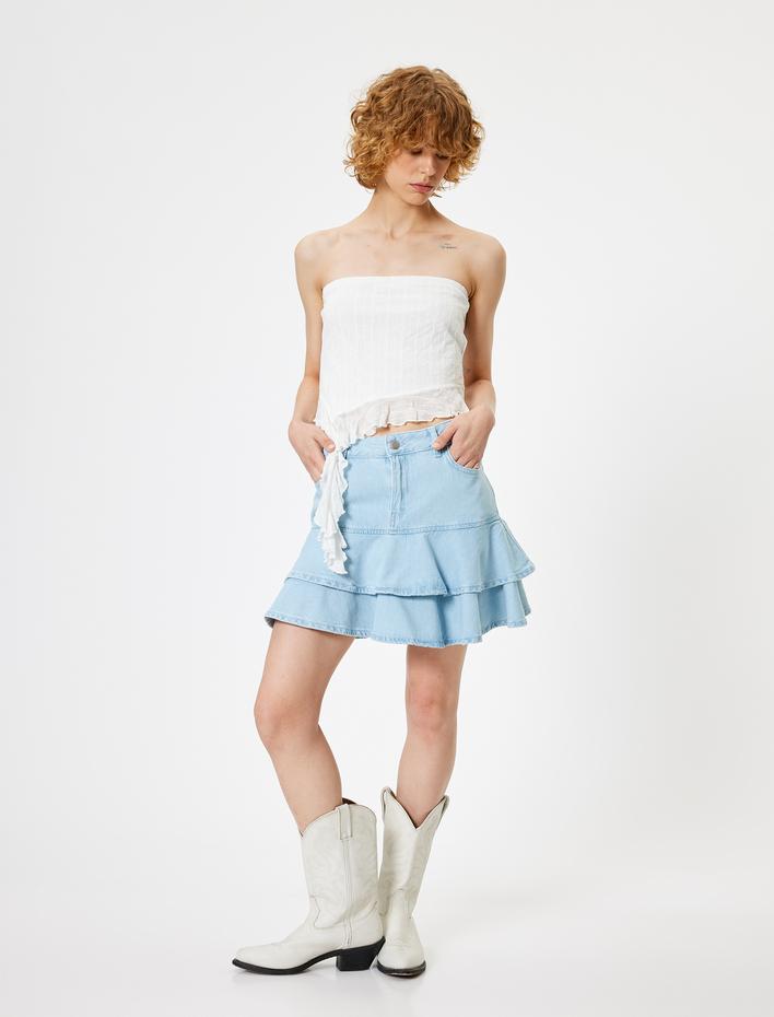  Mini Kot Etek Volanlı Düğmeli Rahat Kalıp