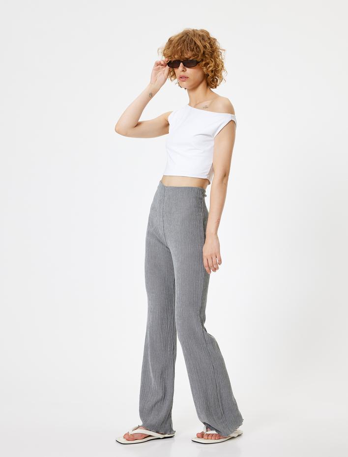  İspanyol Paça Pantolon Yüksek Bel Bürümcük Beli Lastikli Viskon Karışımlı Dokulu