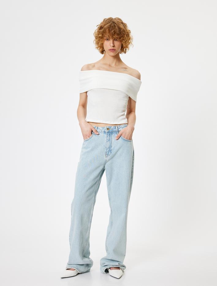  Madonna Yaka Omzu Açık Crop Bluz Kısa Kollu Bürümcük Dokulu Slim Fit