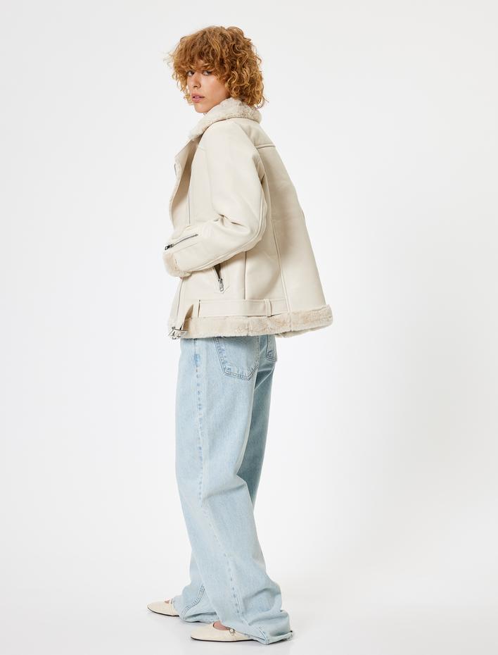  Deri Görünümlü Suni Kürklü Fermuarlı Biker Ceket