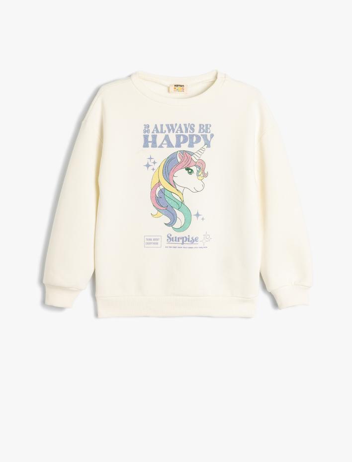 Kız Çocuk Unicorn Sweatshirt Uzun Kollu Bisiklet Yaka Şardonlu Pamuklu